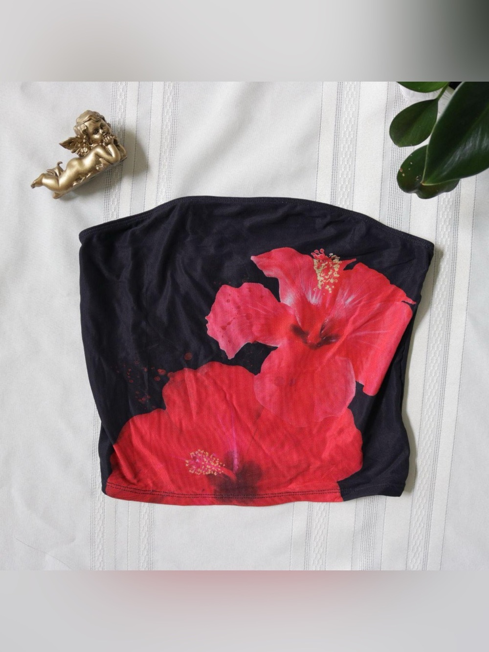 Red hibiscus flower black tube top